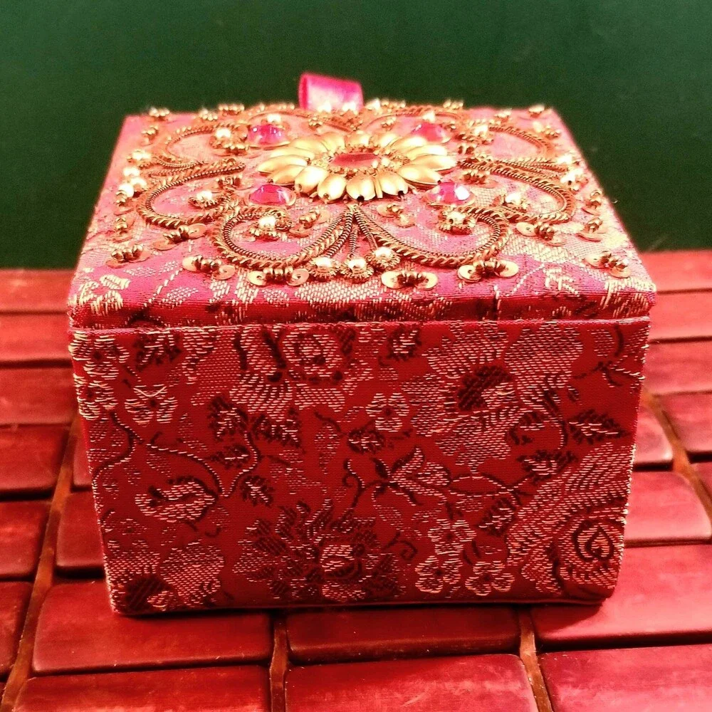 Jeweled & Embellished Red Silk Brocade Jewelry Trinket Box 4